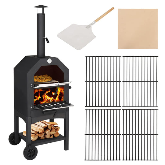 Outvita Outdoor Pizza Oven, Wood Fired Pizza Oven with Adjustable Chimney, Wheels, Pizza Stone, Pizza Peel, Grill Rack for Patio Cooking Picnic Party - CookCave