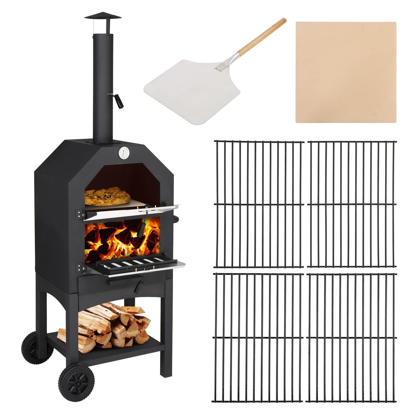 Portable Outdoor Pizza Oven Wood Fired Pizza Oven with Pizza Stone, Pizza Peel and Grill Racks Patio Wood Burning Pizza Maker with Wheels for Outside Camping Backyard Party - CookCave