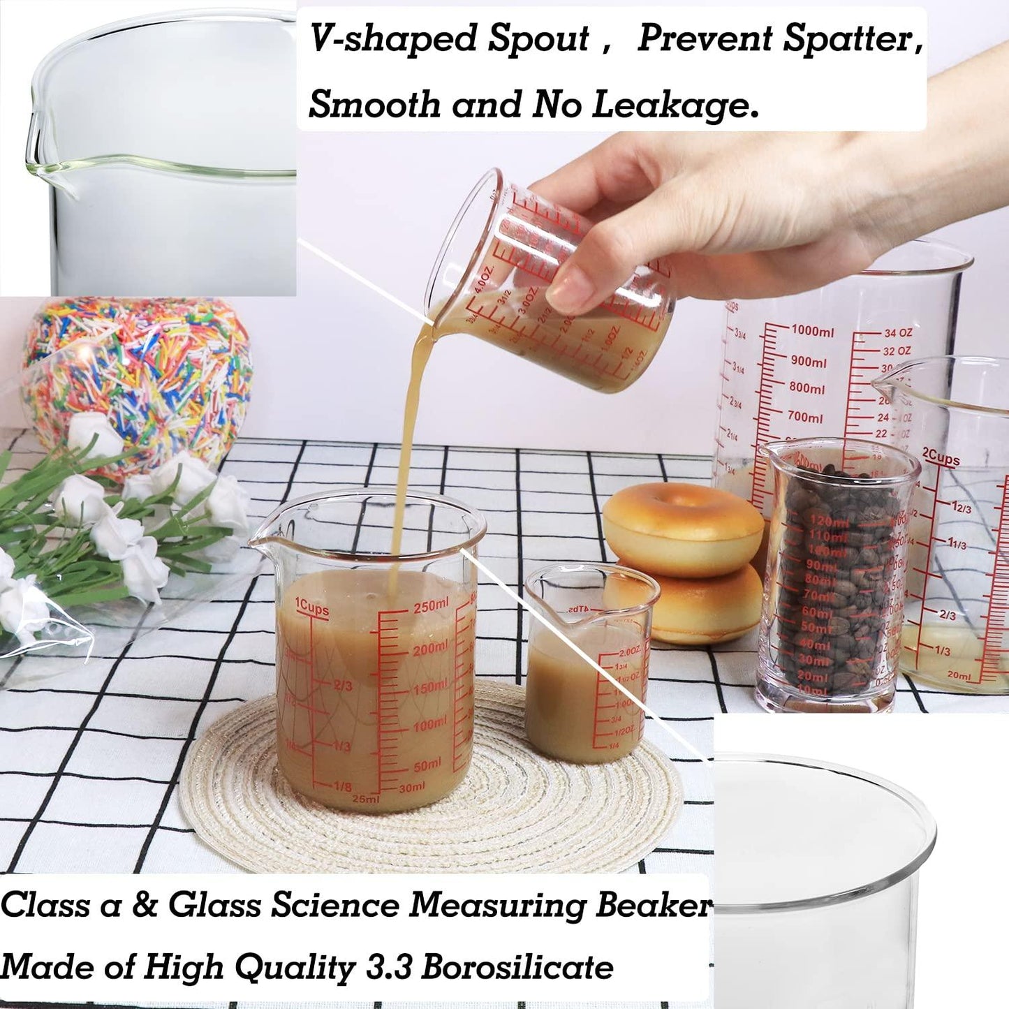 Ackers BORO3.3 High Borosilicate Glass Measuring Cup Set-V-Shaped Spout，Includes 60ml(2OZ), 120ml(4OZ), and 250ml(8OZ) Glass Measuring Beaker for Kitchen or Restaurant, Easy to Read - CookCave