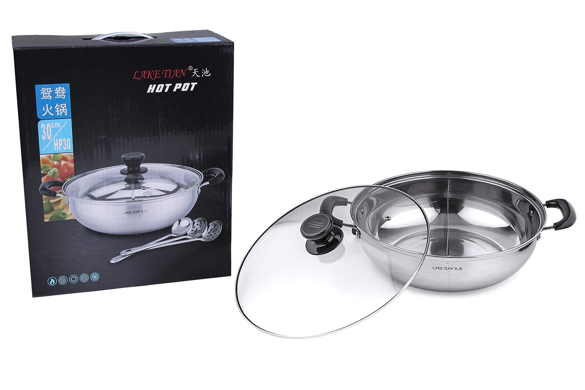 Lake Tian Stainless Steel Shabu Shabu Hot Pot, Dual Sided Yin Yang Hot Pot with Divider Include 3 Pot Spoons, 12 Inch 30 cm鸳鸯火锅 - CookCave