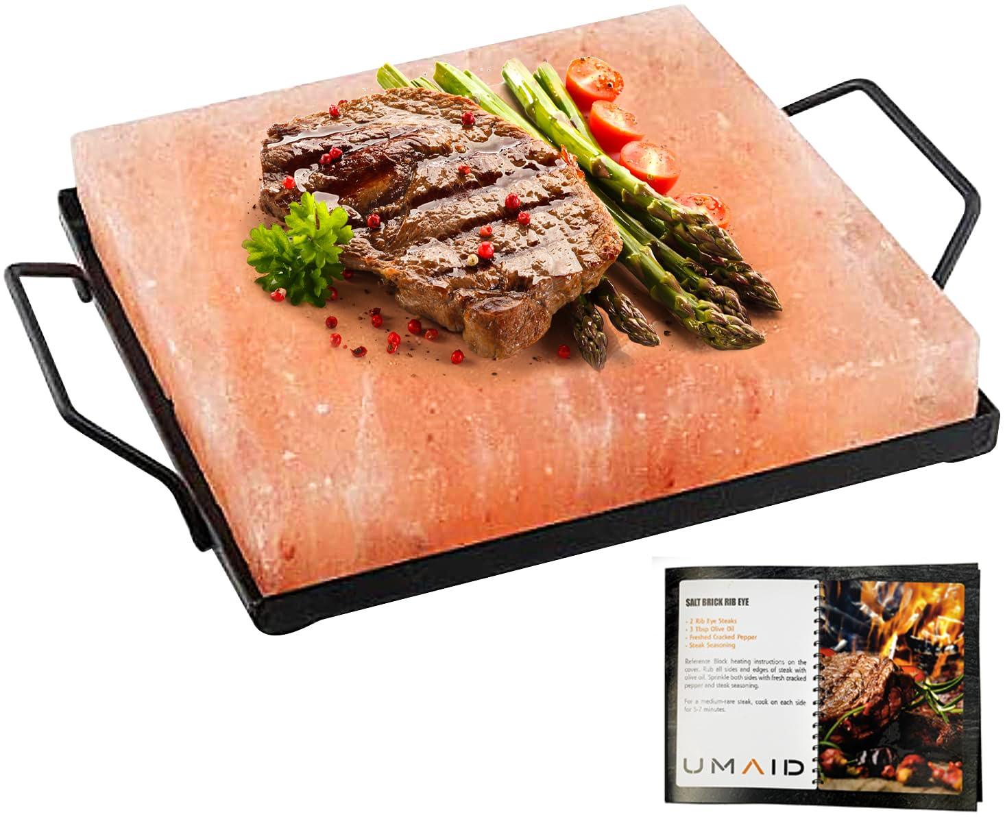 UMAID Himalayan Salt Block Cooking Plate 8x8x1.5 for Cooking, Grilling, Cutting and Serving, Food Grade Rock Salt Stone On Steel Tray with Recipe Pamphlet Unique Gifts for Men, Women, Dads & Cooks - CookCave