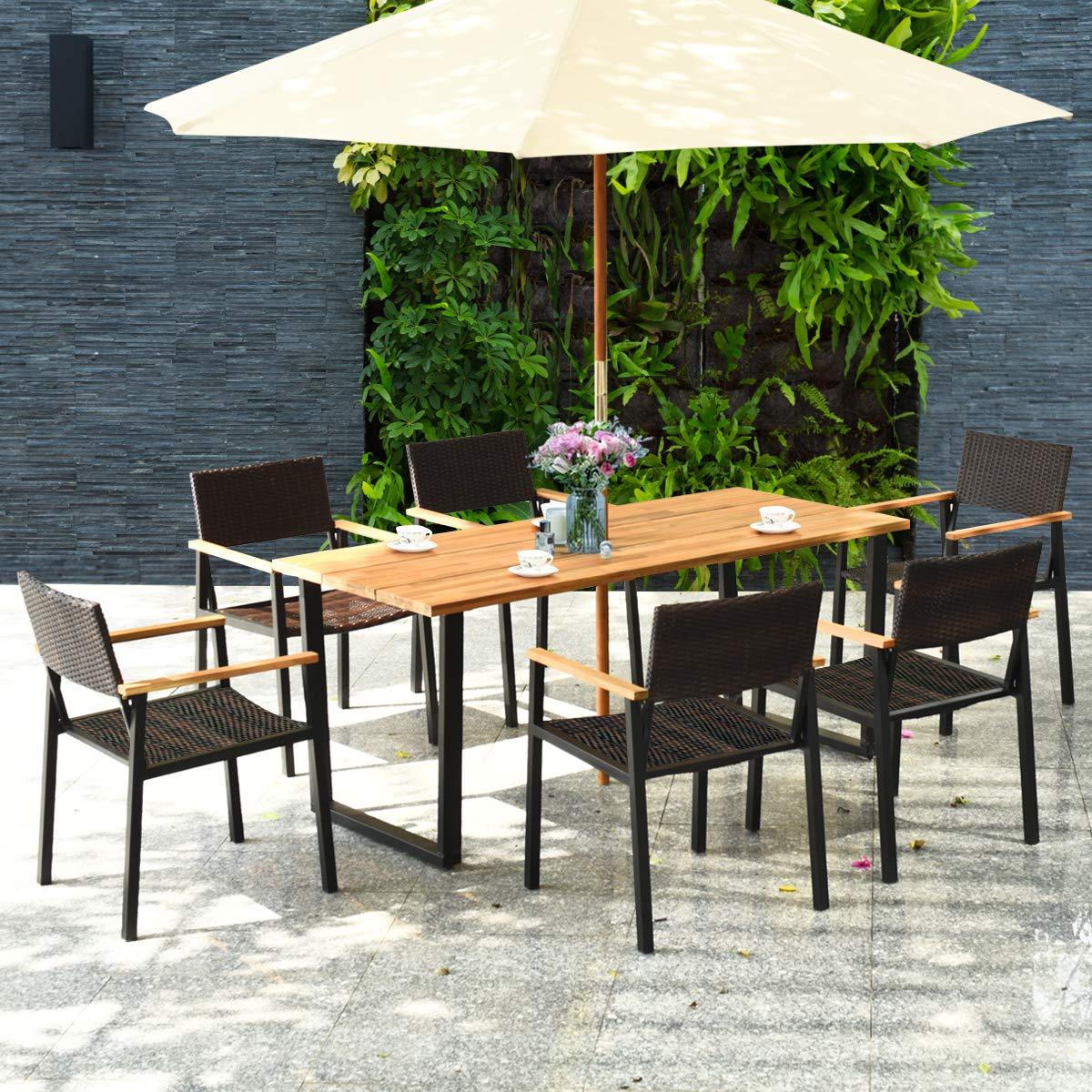 Tangkula 7 Pieces Outdoor Dining Set, Patented Patio Furniture Set w/Large Rectangle Acacia Wood Table Top, Rattan Chairs with Steel Frame, Umbrella Hole, for Backyard Garden - CookCave