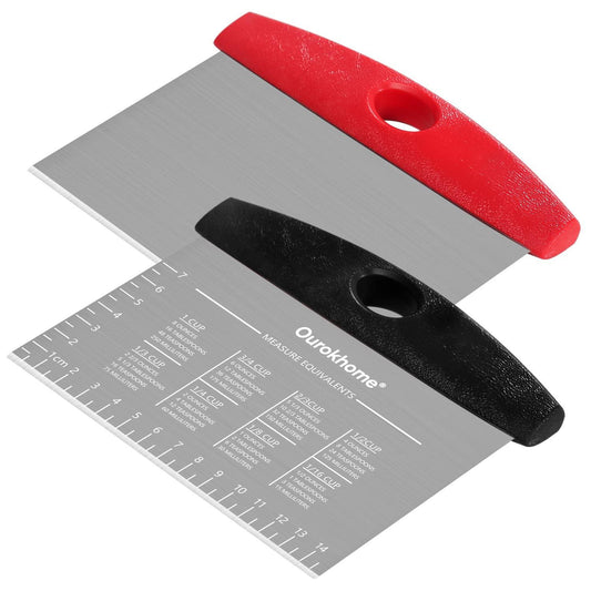 Ourokhome Pastry Dough Bench Cutter Scraper, Stainless Steel Pizza Cutter, Anti-Wear Laser-Engraved Measuring Scale and Conversion Chart, Anti-Slip Handle, Dishwasher Safe, 2 pack (Black and Red) - CookCave
