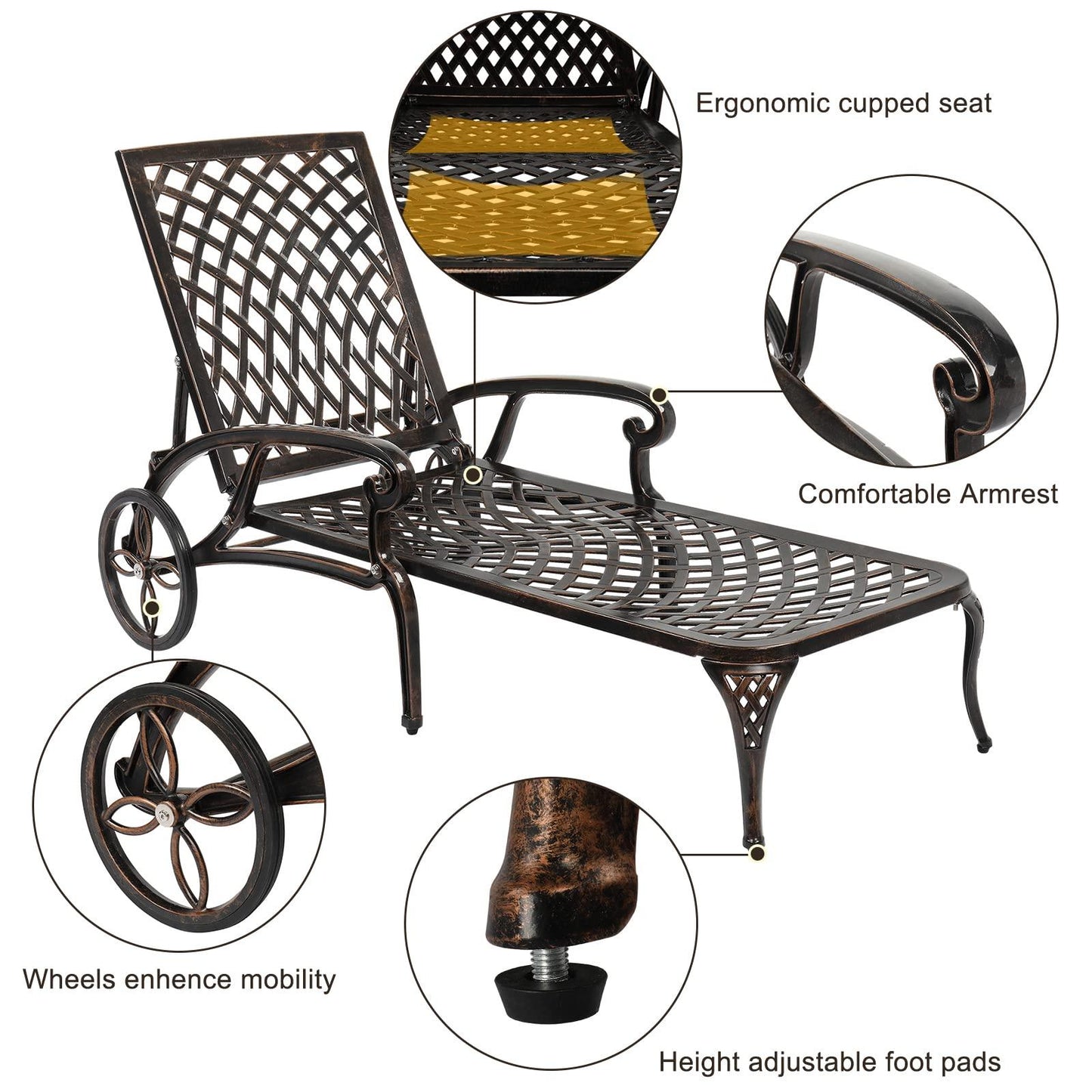 VINGLI Cast Aluminum Outdoor Chaise Lounge Chair with Wheels, Patio Chaise Lounge with 3-Position Adjustable Backrest, Chaise Lounge Outdoor Tanning Chair Patio Lounge Chair (Bronze, Without Cushion) - CookCave