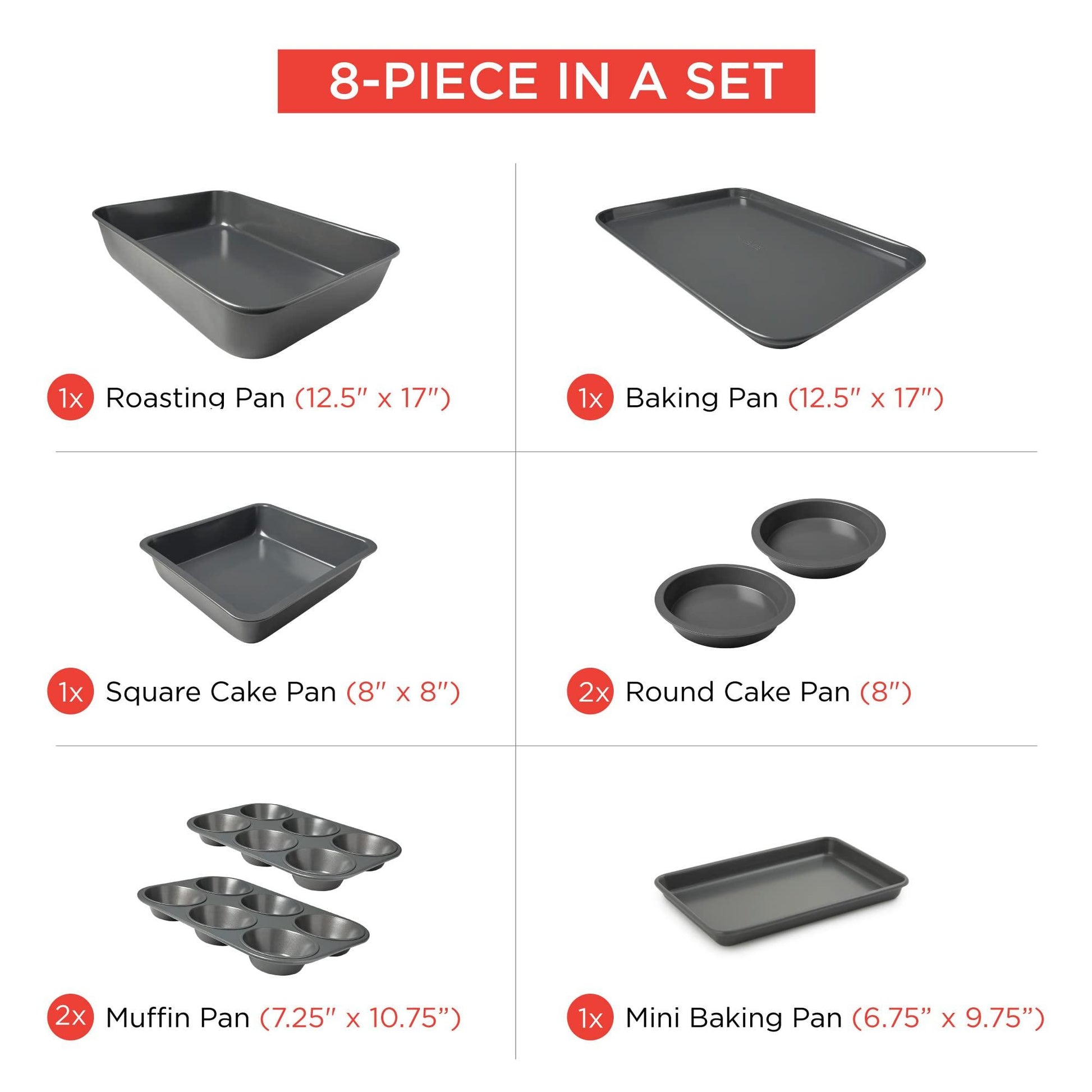 Elbee Home 8-Piece Nonstick Aluminized Steel, Space Saving Baking Set , With Deep Roasting Pan, Cookie Sheet, Cake Pans, Muffin Pans and Baking Pan PFOA & PFOS Free - CookCave