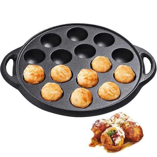 WUWEOT Non-Stick Aebleskiver Pan, Pre-Seasoned Cast Iron Pancake Octopus Ball Grill, 1.5" diameter, 6.6lb - CookCave