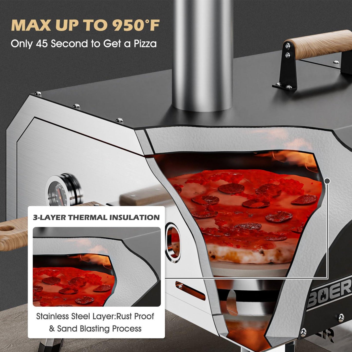 ABORON Pizza Oven Outdoor,16" Multi-Fuel Rotatable Pizza Ovens, Portable Wood Fired and Gas Pizza Oven, Stainless Steel 3-Layer Oven, Pizza Maker with Built-in Thermometer, Pizza Cutter & Carry Bag - CookCave