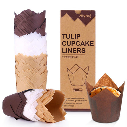 200PCS Tulip Cupcake Liners, Upgrade Parchment Paper Muffin Liners for Baking, Cupcake Wrapper for Party, Wedding, Birthday, Standard Size, Natural White Brown - CookCave