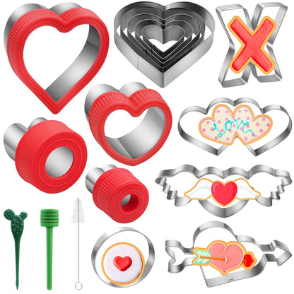 14 Pcs Heart Cookie Cutter Set for Valentine's Day, 9 Size Heart Shape Cookie Cutter and Lips, Heart with Arrow, Double Heart, Angel's wings Shape in One Size, Stainless Steel Biscuit Pastry Cutters - CookCave