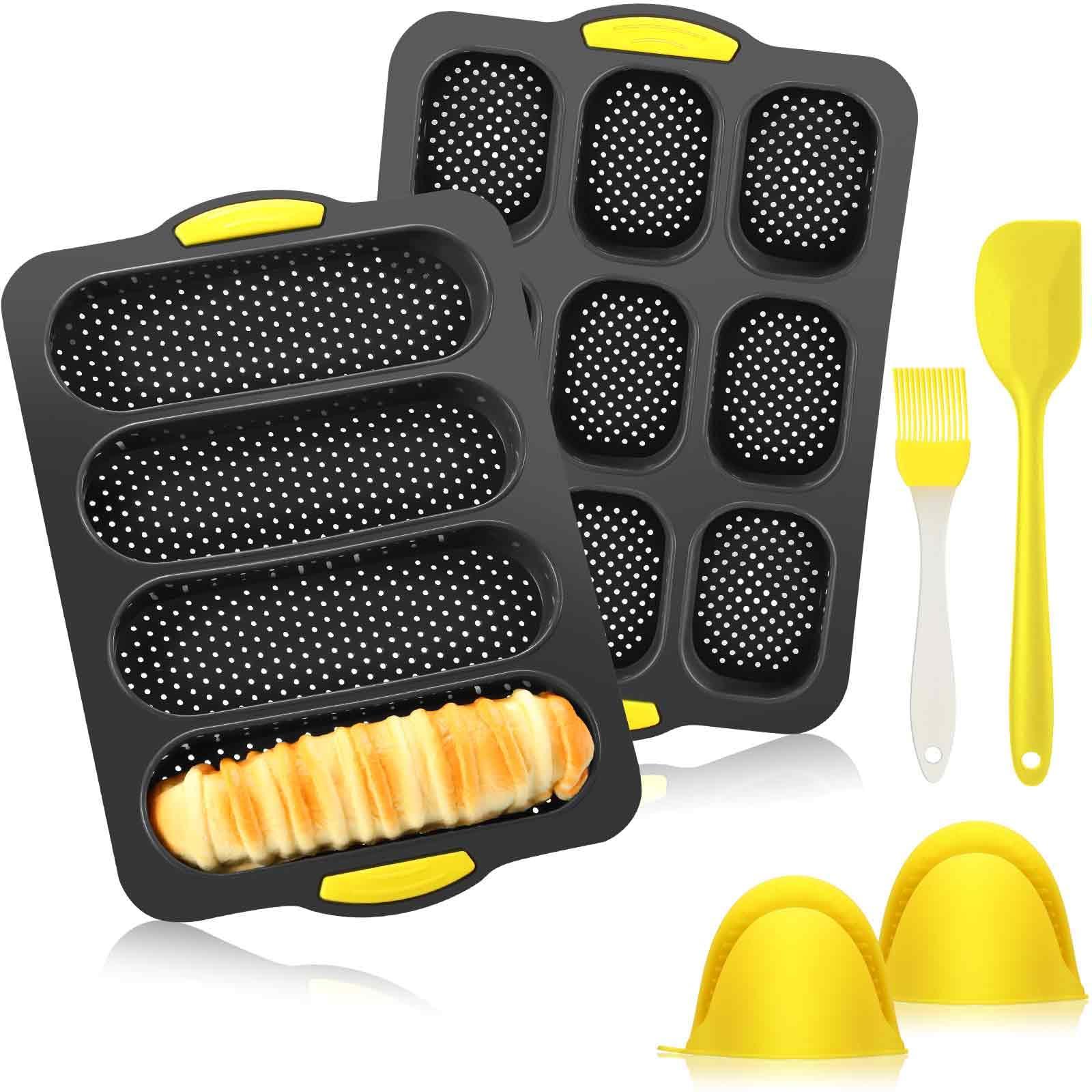 FillTouch Set of 5 Silicone Baguette Pan with Brush Spatula Gloves 9 and 4 Wave Perforated Bread Baking Tray Mold Nonstick French Baguette Pans for Oven Bake Mould Toaster Pan for Loaf Hot Dog, Black - CookCave