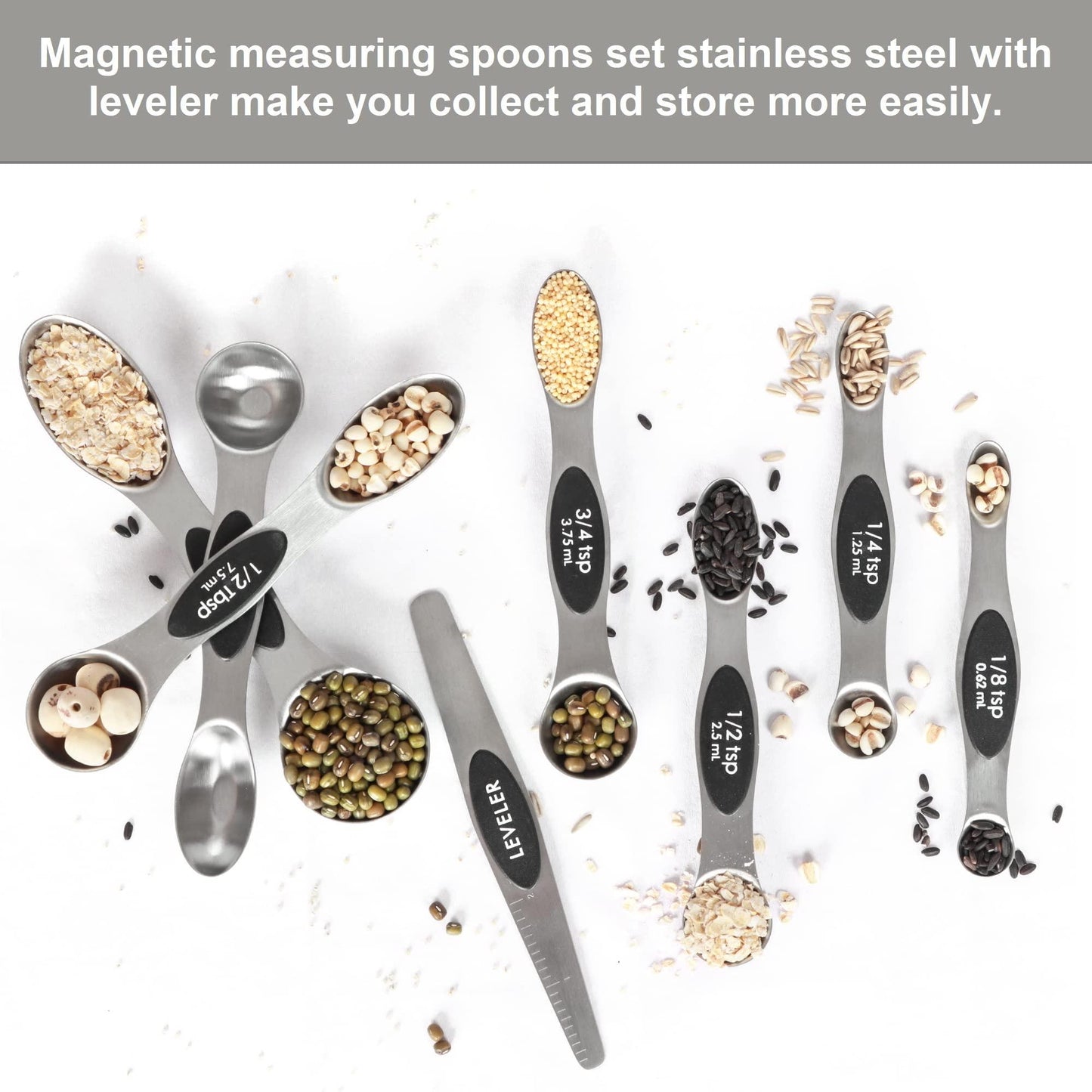 Magnetic Measuring Spoons Set Stainless Steel with Leveler, Stackable Metal Tablespoon Measure Spoon for Baking, Cups and Spoon Set Kitchen Gadgets Apartment Essentials Fits in Spice Jars - CookCave