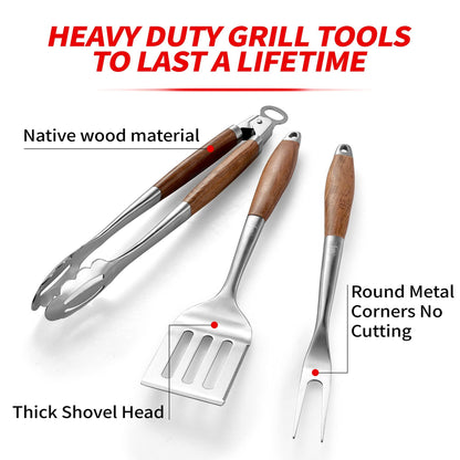 GRILAZ Heavy-Duty Rose Wooden BBQ Grilling Tools Set. Extra Thick Stainless Steel Multi-Function Spatula, Fork & Tongs | Essential Accessories for Barbecue & Grill. Ideal Gift for Father - CookCave