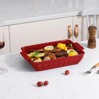 FE Baking Dish, 11"x 8"Rome Pillar Casserole Dish, 3.38 Quart Lasagna Pan with Handles, Ceramic Rectangular Baking Pan for Dinner & Banquet(Red) - CookCave