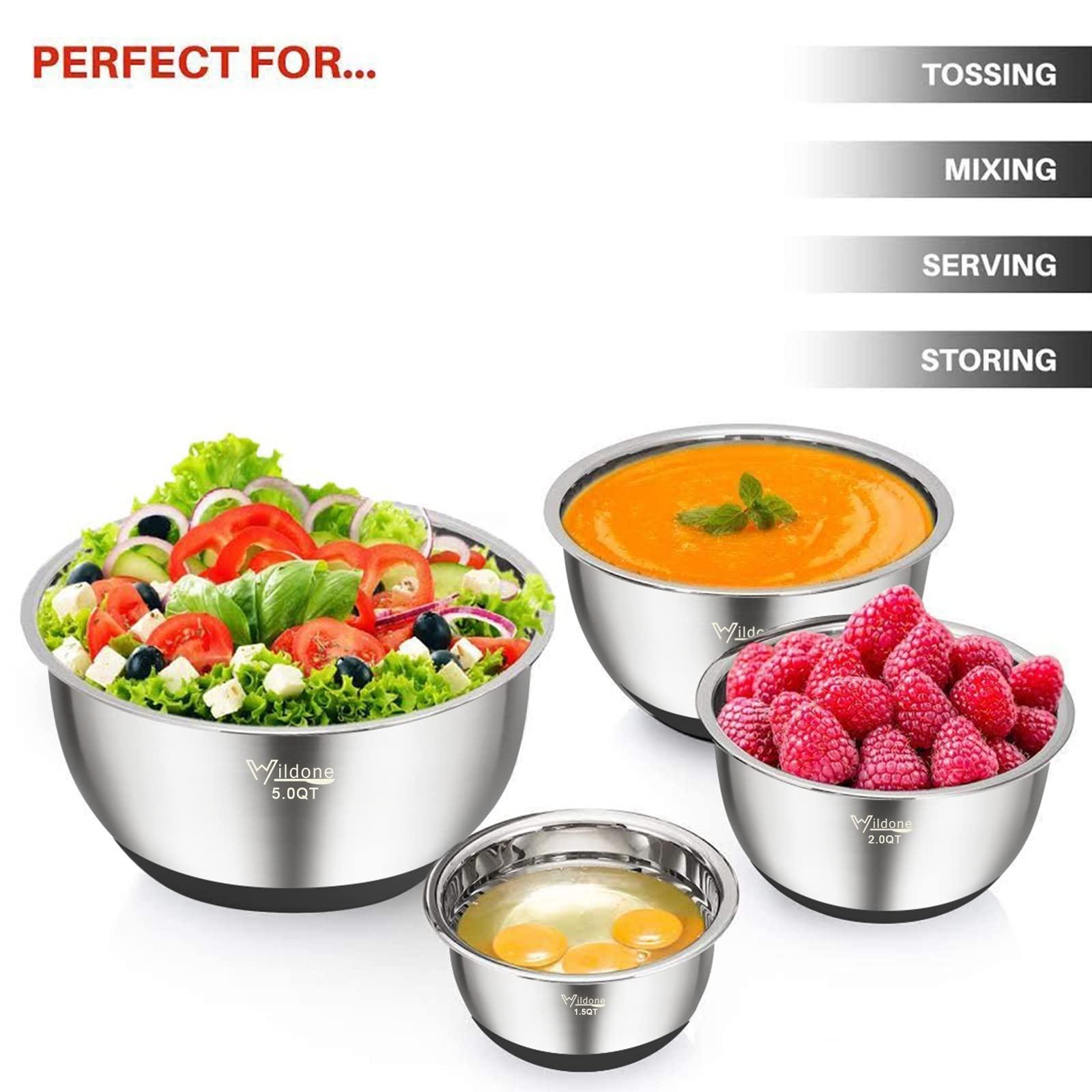 Wildone Mixing Bowls with Airtight Lids, Stainless Steel Nesting Mixing Bowls Set of 5, with Non-slip Silicone Bottoms, Size 8, 5, 3, 2, 1.5 QT, Stackable Design, Great for Mixing and Prepping - CookCave