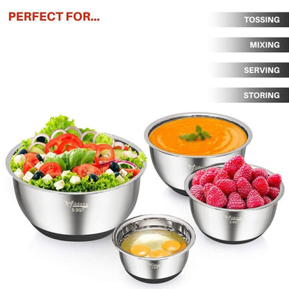 Wildone Mixing Bowls with Airtight Lids, Stainless Steel Nesting Mixing Bowls Set of 5, with Non-slip Silicone Bottoms, Size 8, 5, 3, 2, 1.5 QT, Stackable Design, Great for Mixing and Prepping - CookCave