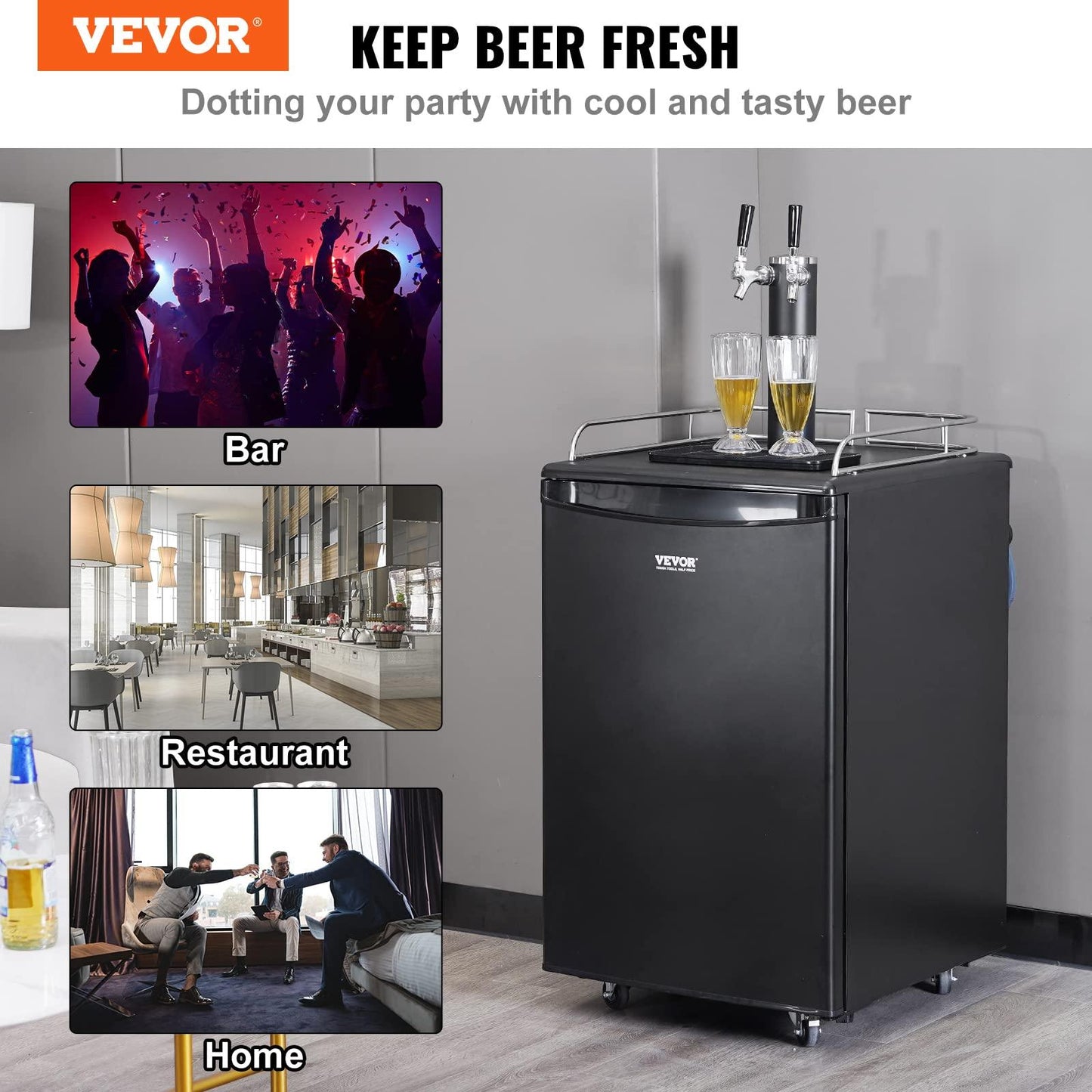 VEVOR Beer Kegerator, Dual Tap Draft Beer Dispenser, Full Size Keg Refrigerator With Shelves, CO2 Cylinder, Drip Tray & Rail, 32°F- 50°F Temperature Control, Holds 1/6, 1/4, 1/2 Barrels, Black - CookCave