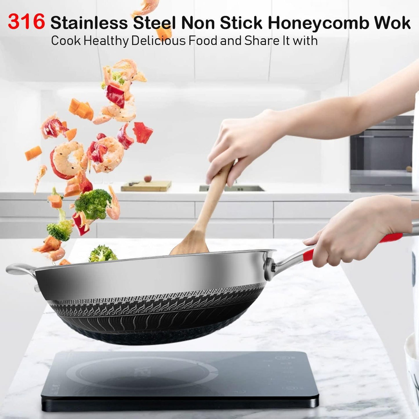 MEGOO 12.6 inch stainless steel nonstick wok pan with lid,stir fry honeycomb wok,cooking wok skillet,for gas cooktops,Induction,electric stove,dishwasher safe(PFA,PFOA Free) - CookCave