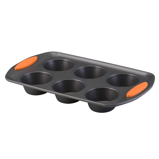 Rachael Ray Yum -o! Nonstick Bakeware 6-Cup Muffin Tin With Grips / Nonstick 6-Cup Cupcake Tin With Grips - 6 Cup, Gray - CookCave