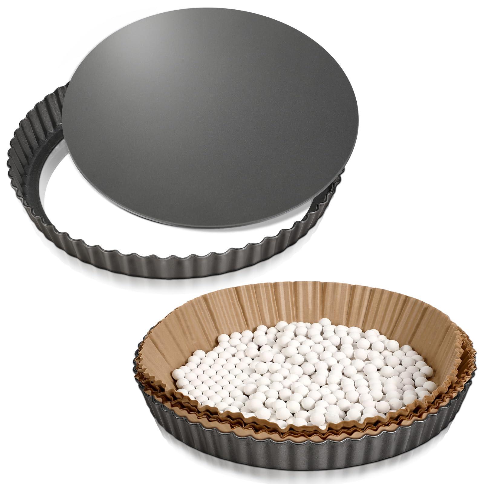 Sunnychicc 9 Inch Round Tart Pan Set 2 Pcs Tart Pans Loose Removable Bottom Non-Stick Carbon Steel with 50 Parchment Sheets and Reusable 1.2 lb Baking Beans Ceramic Pie Weights - CookCave