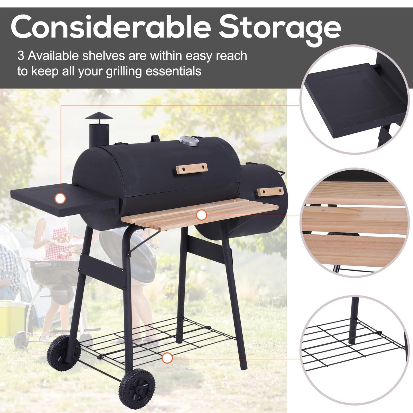 Outsunny 48" Steel Portable Backyard Charcoal BBQ Grill and Offset Smoker Combo with Wheels - CookCave