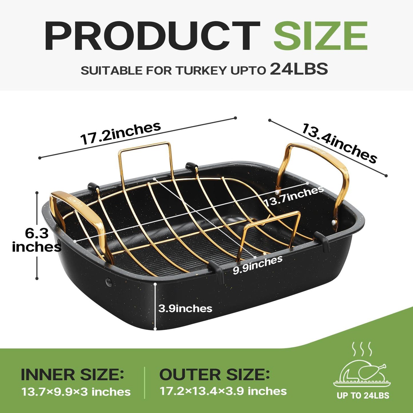 Slow Slog Roasting Pan, 17 Inch x 13 Inch Roaster with Removable Rack, Nonstick Roaster Pan for Roasting Turkey, Meat & Vegetables (Gold) - CookCave