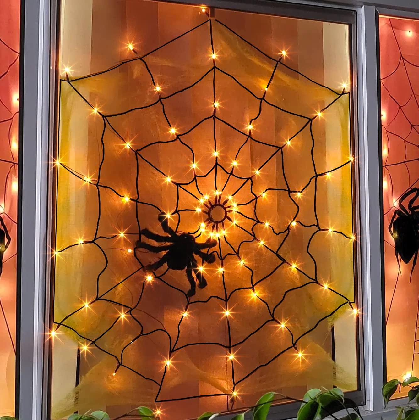 Vanthylit Halloween Spider Web Lights with Black Spider, 70 LED Waterproof Orange Light Up Spiderweb, Halloween Lights for Window Room Indoor Outdoor Decorations - CookCave