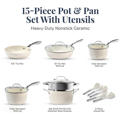 Gotham Steel Hammered 15 Piece Pots and Pans Set Non Stick Cookware Set, Pot and Pan Set, Kitchen Cookware Sets, Non Toxic Ceramic Cookware Set, Induction Cookware, Dishwasher Safe, Cream White - CookCave