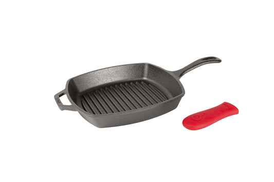 Lodge L8SGP3ASHH41B Cast Iron Square Grill Pan with Red Silicone Hot Handle Holder, Pre-Seasoned, 10.5-inch - CookCave
