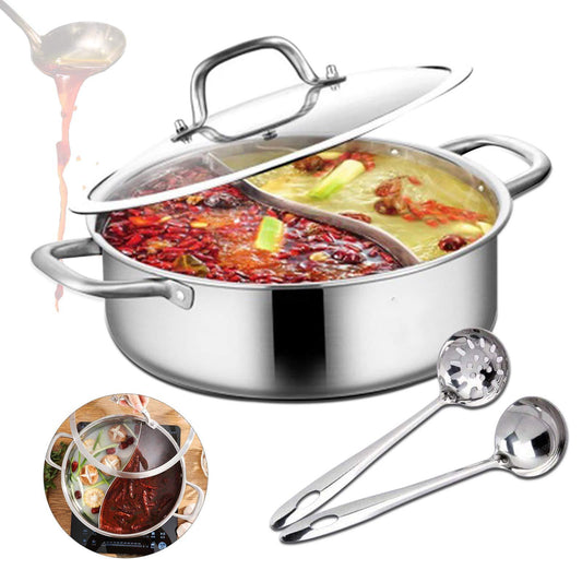 Double-flavor Shabu Shabu Pot with Divider and Lid, Dual Sided Nonstick Hot Pot, 32cm/12.6in Stainless Steel Shabu Shabu Pot, for Induction Cooktop, Gas Stove & Hot Burner, Soup Ladle Included - CookCave