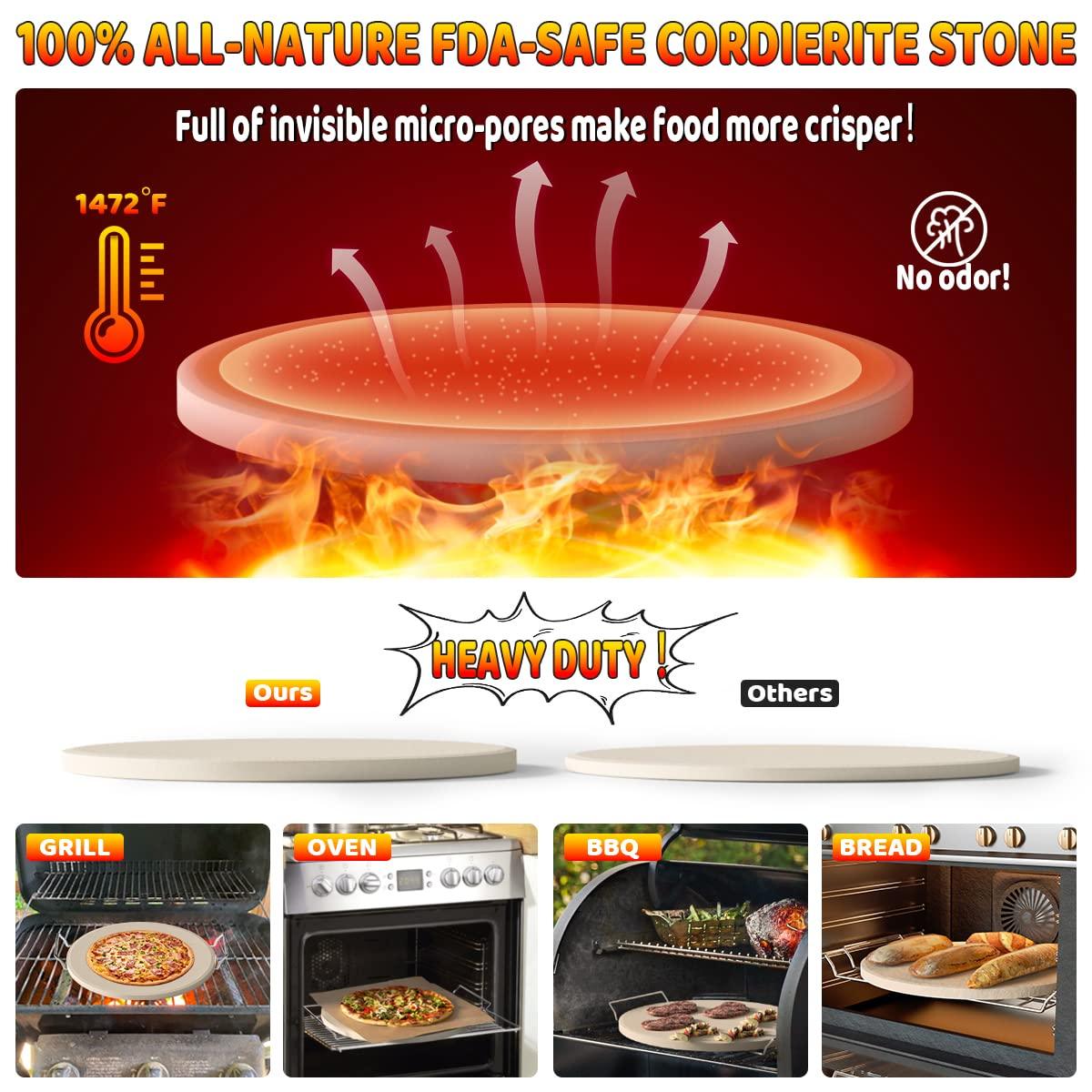 5 PCS Large Pizza Stone Set,Heavy Duty 16" Pizza Stone for Oven and Grill with Handle Rack,Pizza Peel(OAK), Pizza Cutter Rocker & Cooking Paper,Large Baking Stone for Pizza, Bread - CookCave