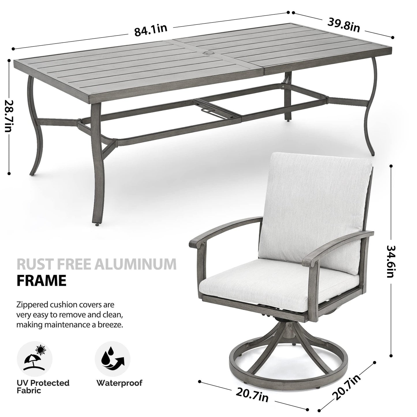 HAPPATIO 9 Piece Patio Dining Set, Aluminum Swivel Dining Chairs and Dining Table, Aluminum Outdoor Dining Set for 8, Patio Dining Furniture with Washable Cushions (Gray) - CookCave