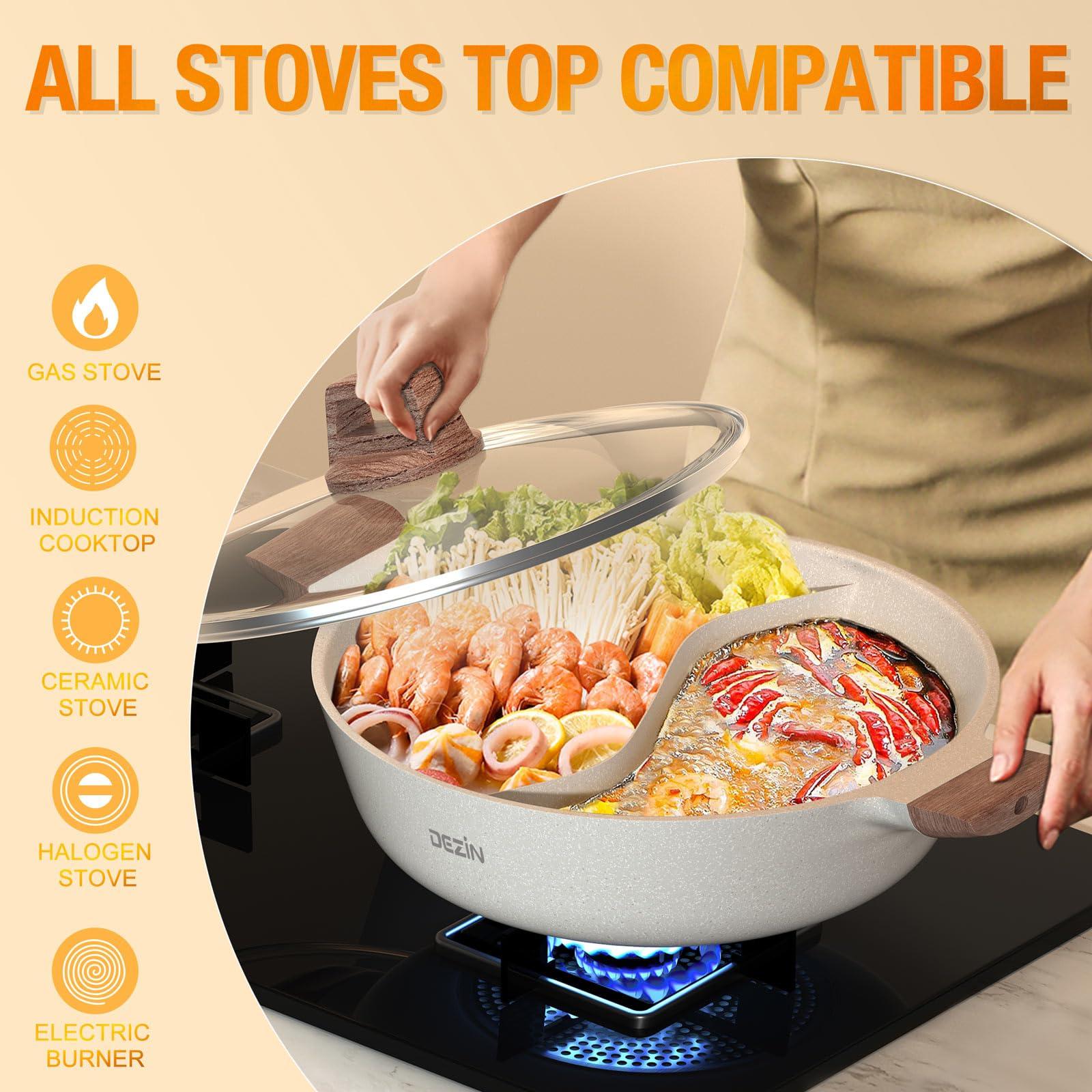Dezin 5-QT Double-flavor Shabu Pot with Divider, Dual Sided Nonstick 12 Inch Divided Hotpot for Induction Cooktop, Gas Stove & Hot Burner, Soup Ladle Included - CookCave
