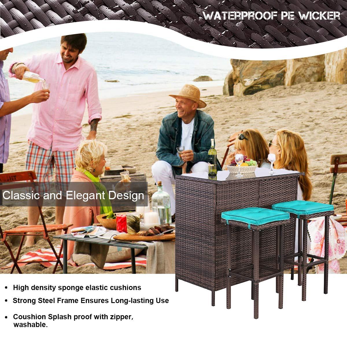Polar Aurora 3PCS Patio Bar Set with Stools and Glass Top Table Patio Wicker Outdoor Furniture with Blue Removable Cushions for Backyards, Porches, Gardens or Poolside - CookCave