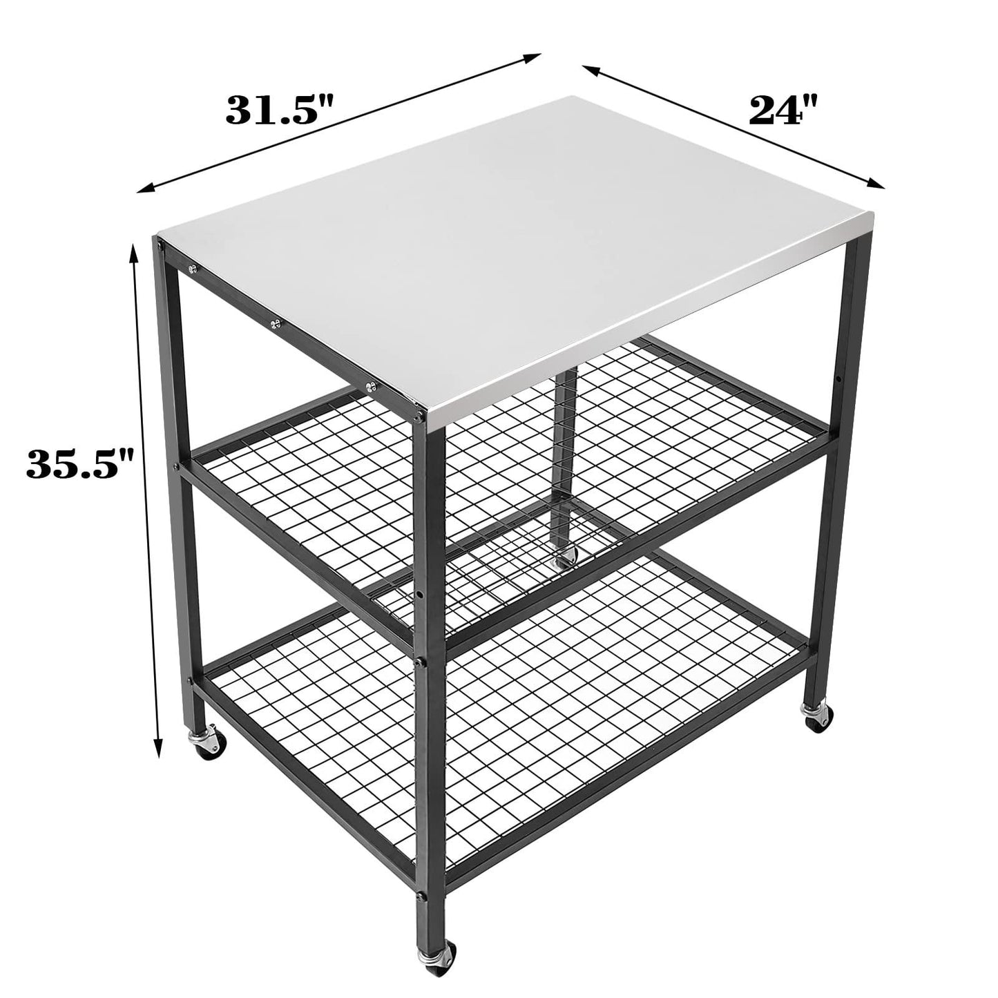 WEASHUME Stainless Steel Grill Cart Pizza Oven Stand Trolley Table with Wheels Three-Shelf Movable Food Prep and Work Cart Table Heavy Duty Grill Cart Outdoor Cart 31.5"×24"×35.5" - CookCave