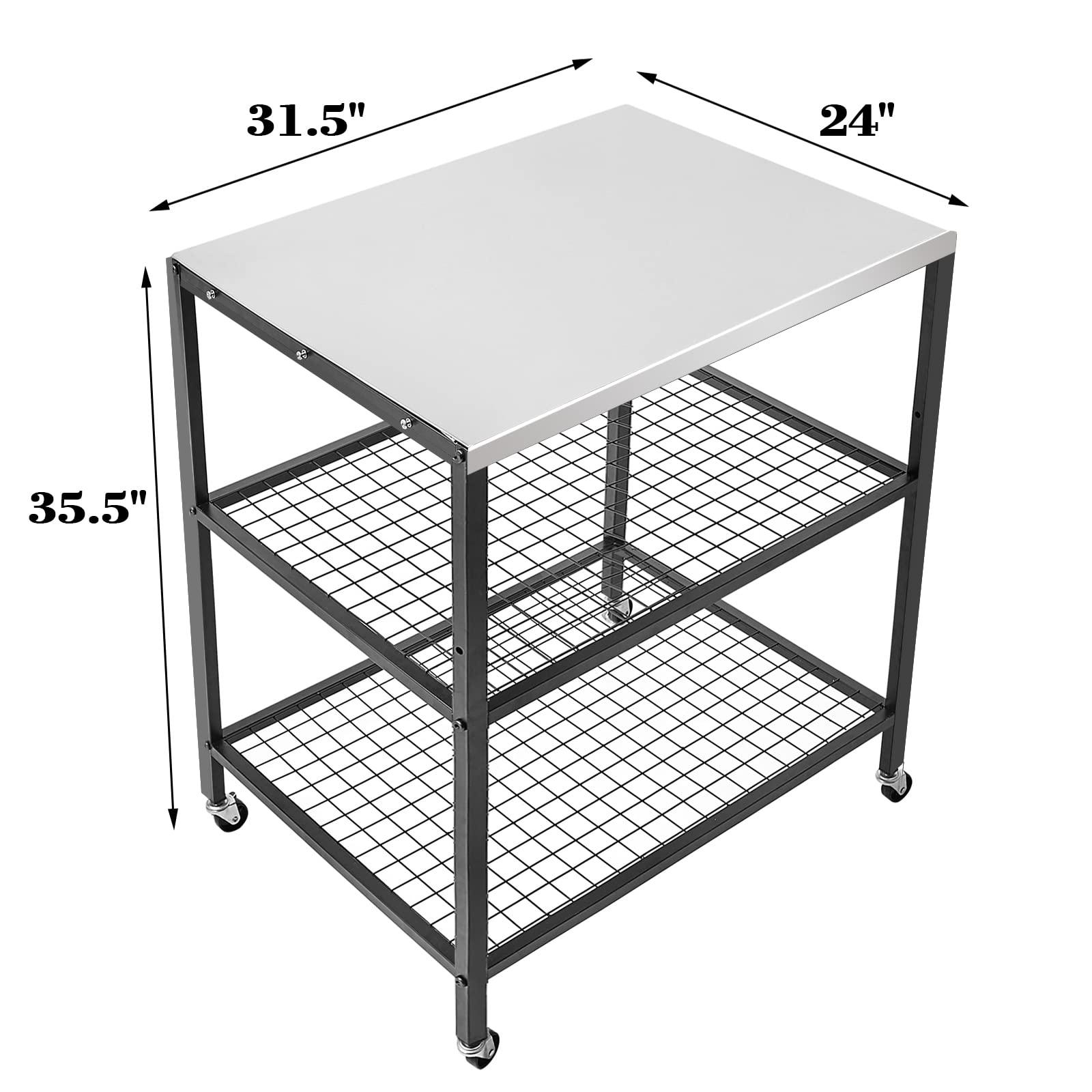 WEASHUME Stainless Steel Grill Cart Pizza Oven Stand Trolley Table with Wheels Three-Shelf Movable Food Prep and Work Cart Table Heavy Duty Grill Cart Outdoor Cart 31.5"×24"×35.5" - CookCave