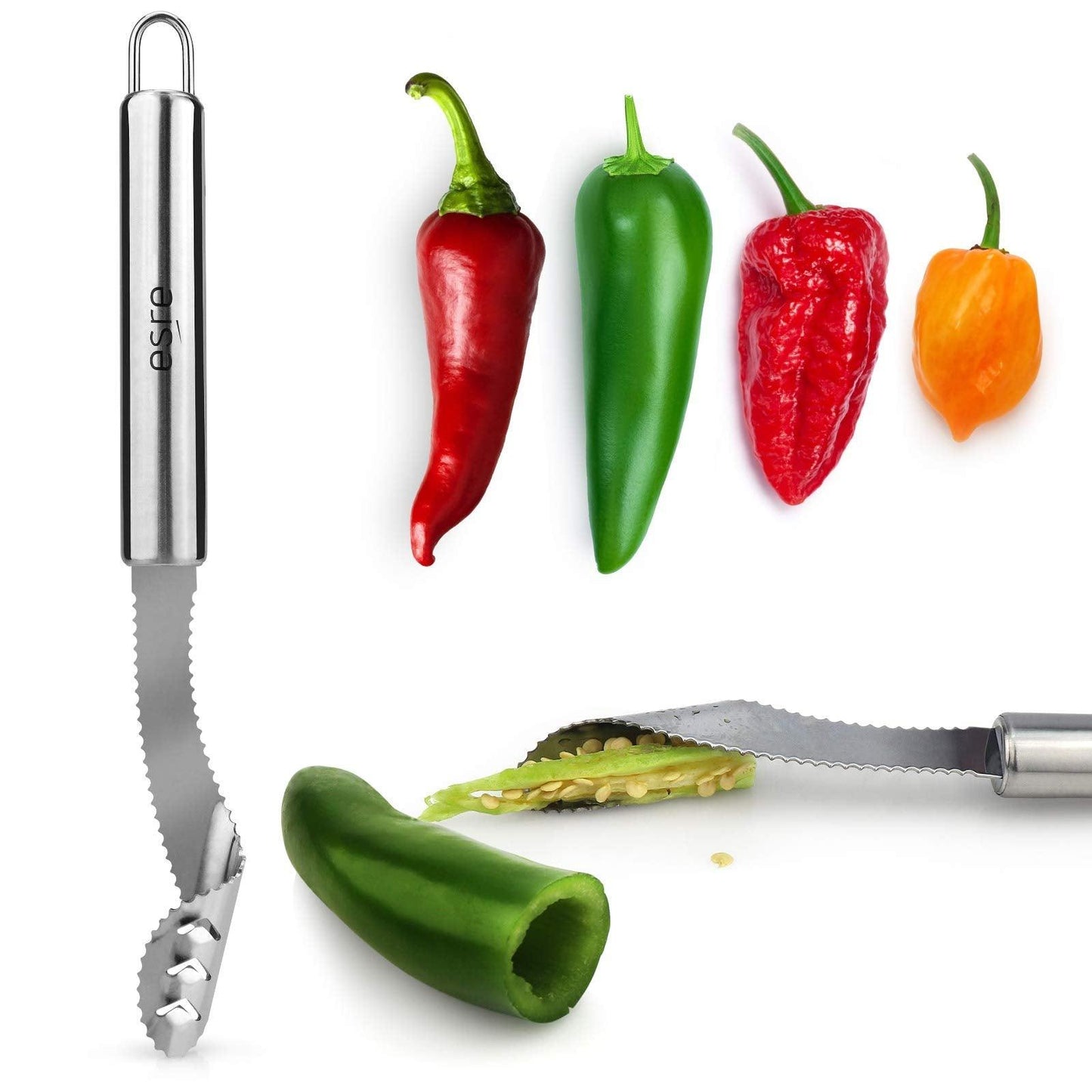 ESRE Stainless Steel Pepper Core Remover, Jalapeno Pepper Corer Tool Chili Deseeder, Sharp Edge Kitchen Gadget Seed Remover Dishwasher Safe, Slice off Vegetables tops for Barbecue - CookCave