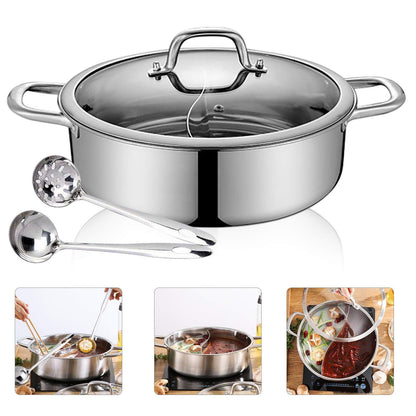 Double-flavor Shabu Shabu Pot with Divider and Lid, Dual Sided Nonstick Hot Pot, 32cm/12.6in Stainless Steel Shabu Shabu Pot, for Induction Cooktop, Gas Stove & Hot Burner, Soup Ladle Included - CookCave
