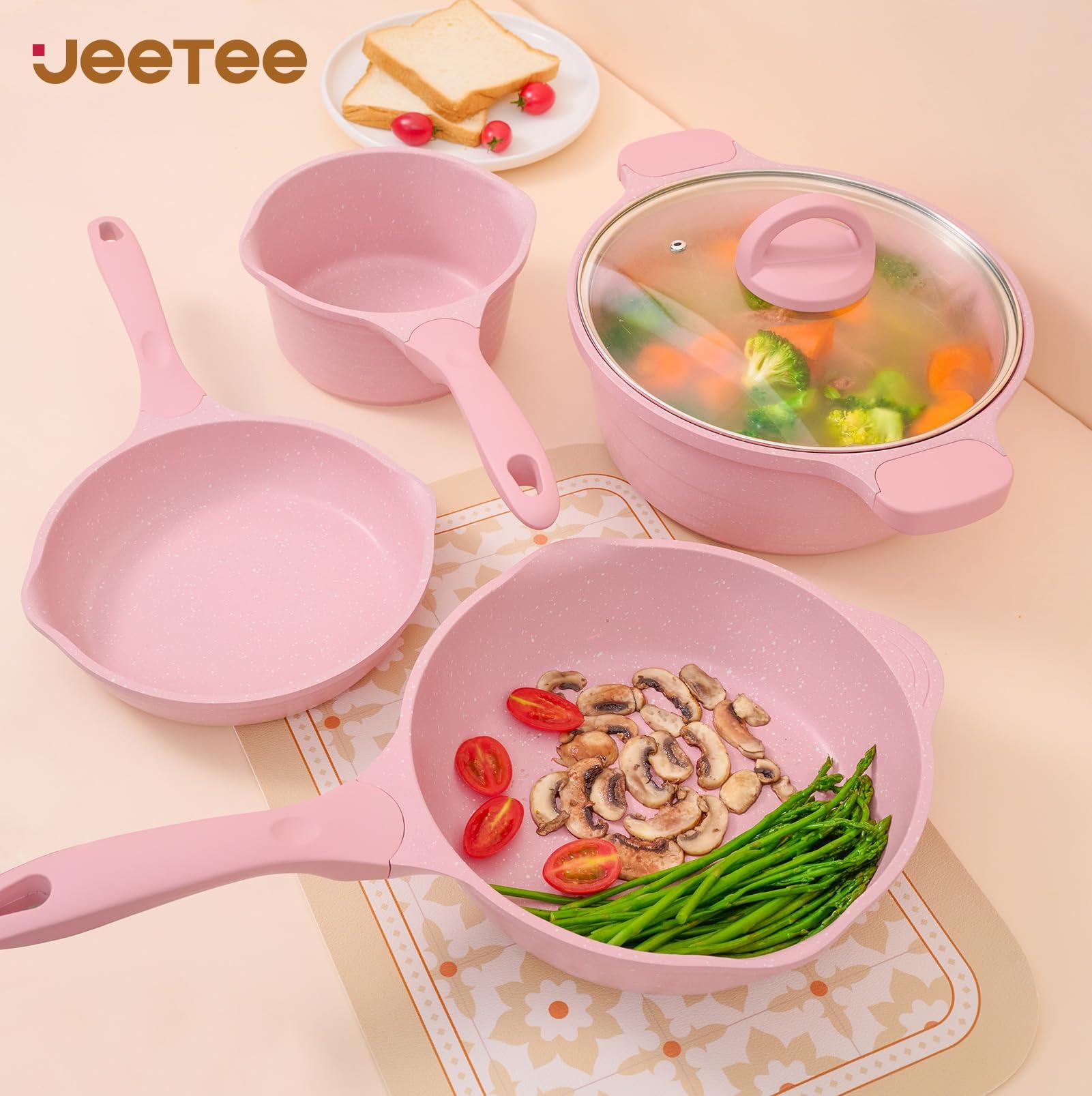 JEETEE Pink Pots and Pans Set Nonstick 23pcs, Healthy Kitchen Cookware Sets, Induction Cooking Set Pink Granite Stone Frying Pans, Saucepans, Sauté Pan, Griddle Pan & Crepe Pan (PFOA Free) - CookCave