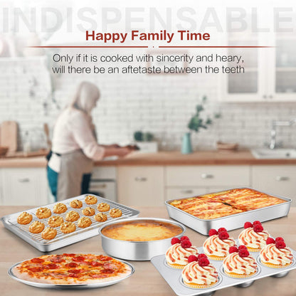 Toaster Oven Bakeware Set, E-far 6-Piece Stainless Steel Small Baking Pan Set, Include Cake Brownie Pan/Cookie Sheet with Rack/Muffin Tin/Pizza Pan, Non-Toxic & Healthy, Easy Clean & Dishwasher Safe - CookCave