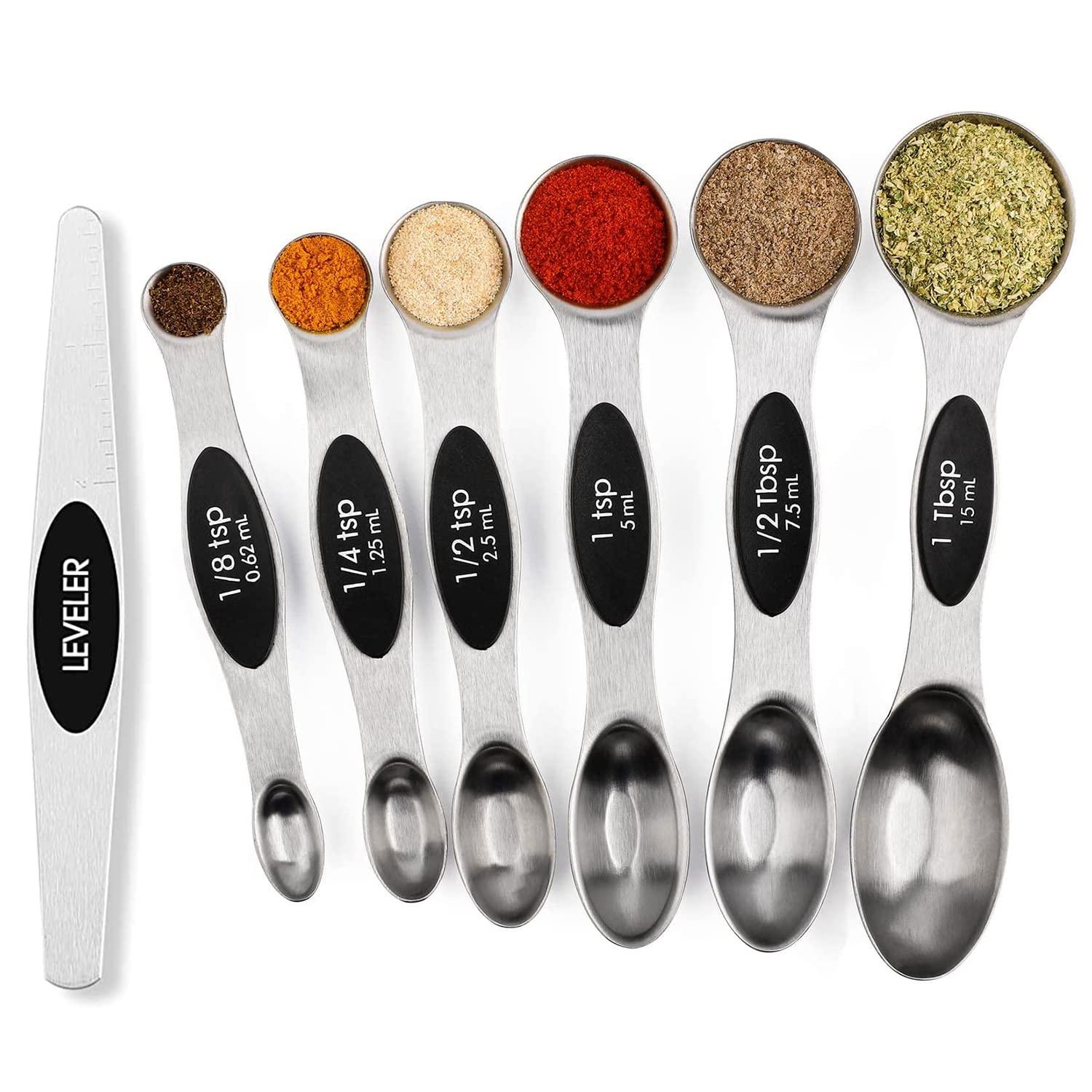 Magnetic Measuring Spoons Set Stainless Steel with Leveler, Stackable Metal Tablespoon Measure Spoon for Baking, Cups and Spoon Set Kitchen Gadgets Apartment Essentials Fits in Spice Jars - CookCave