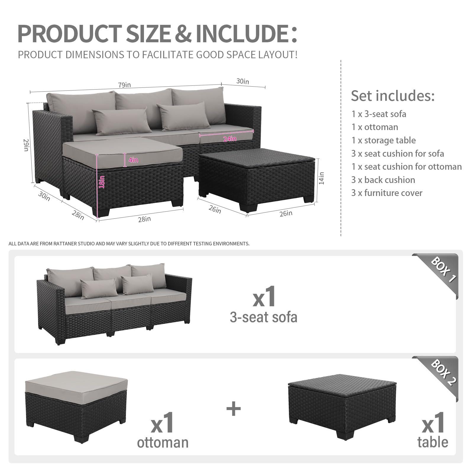 Rattaner 3 Pieces Patio Furniture Set Outdoor Sectional Wicker Patio Furniture Patio Couch with Ottoman and Outdoor Storage Table All-Weather Anti-Slip Cushions Waterproof Covers, Grey - CookCave