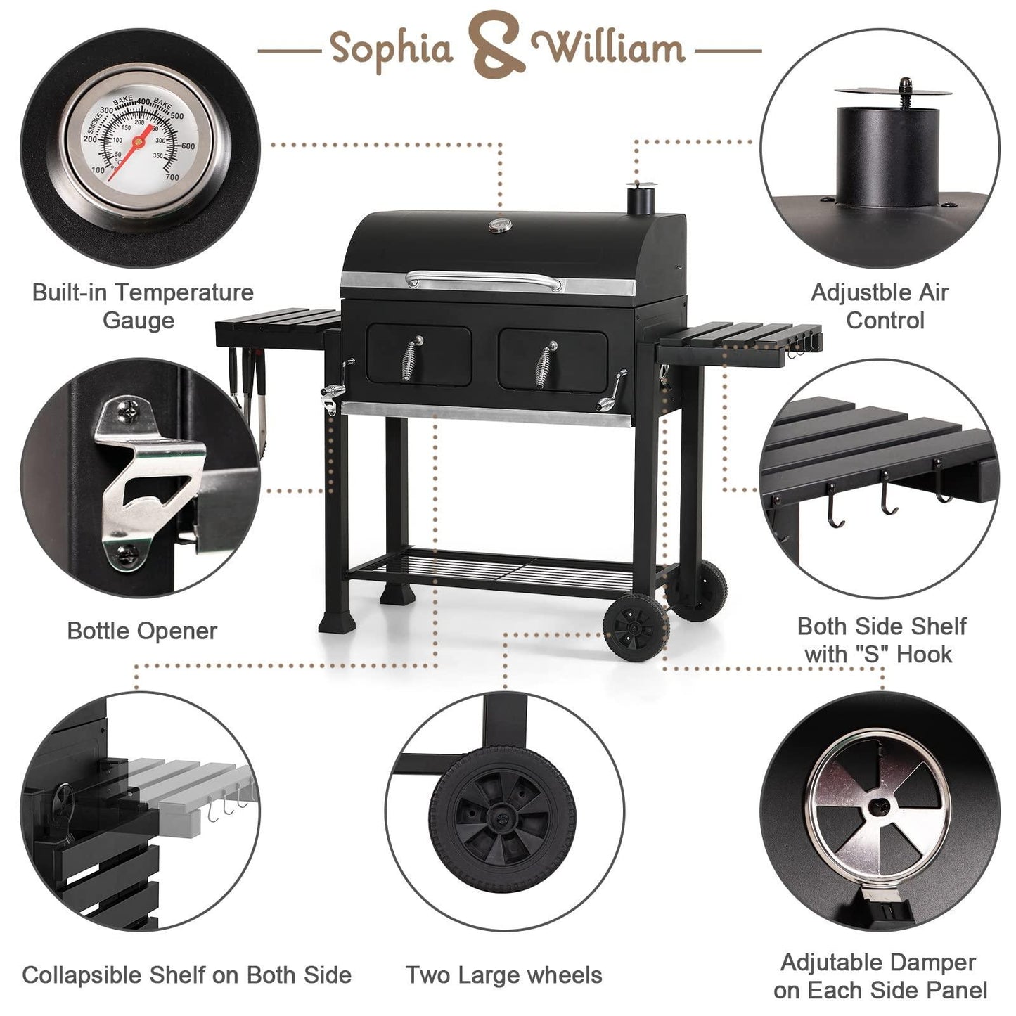 Sophia & William Extra Large Charcoal BBQ Grills with 794 SQ.IN. Cooking Area, Outdoor Barbecue Grill with Dual-Zone Individual & Adjustable Charcoal Tray and 2 Foldable Side Table, Black - CookCave