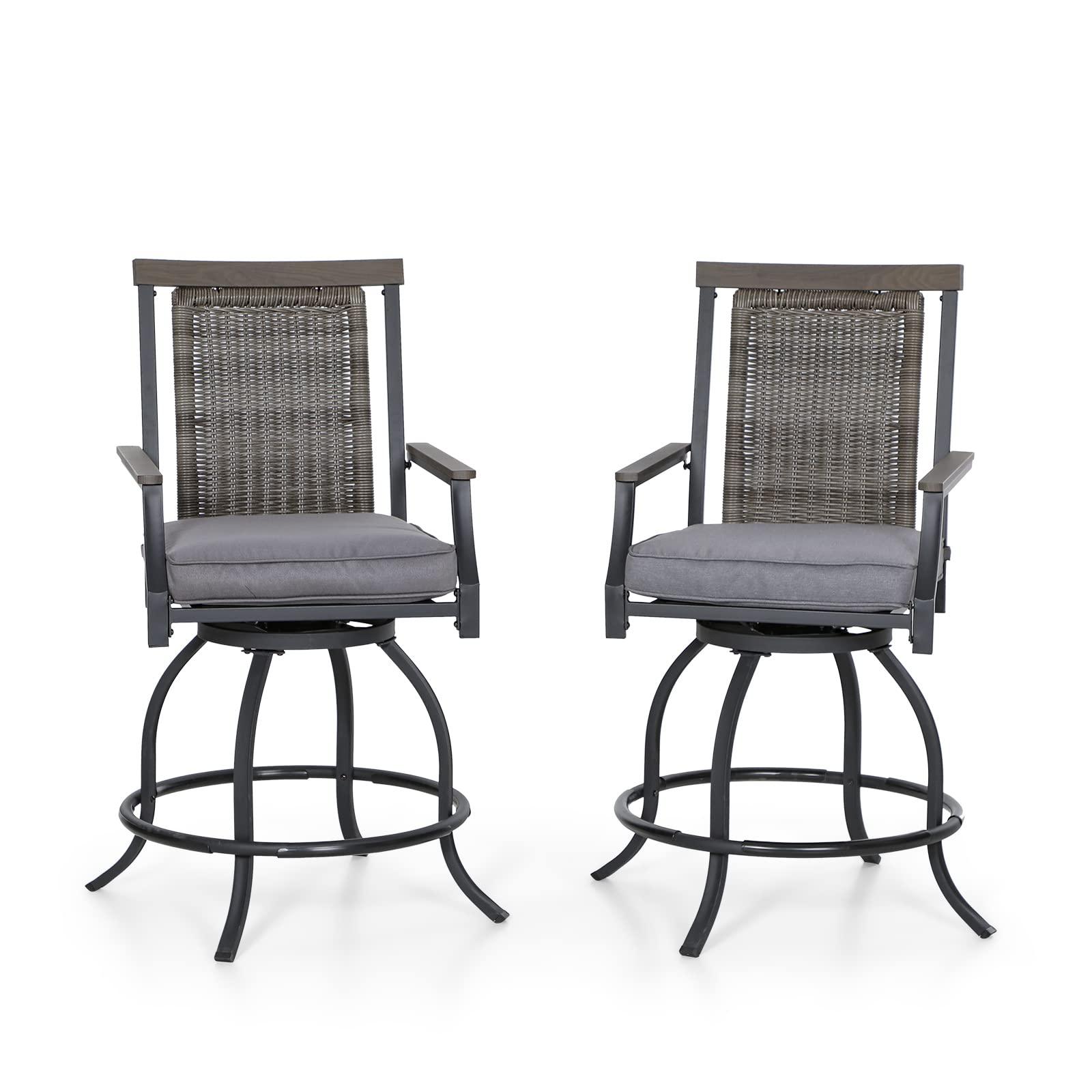 PHI VILLA Outdoor Swivel Bar Stools (24" Seat Height) with Rattan Backrest and Wood-Like Armrest Set of 2, Counter Height Patio Chair with 3.5" Padded Grey Cushion,All Weather for Garden,Yard,Lawn - CookCave