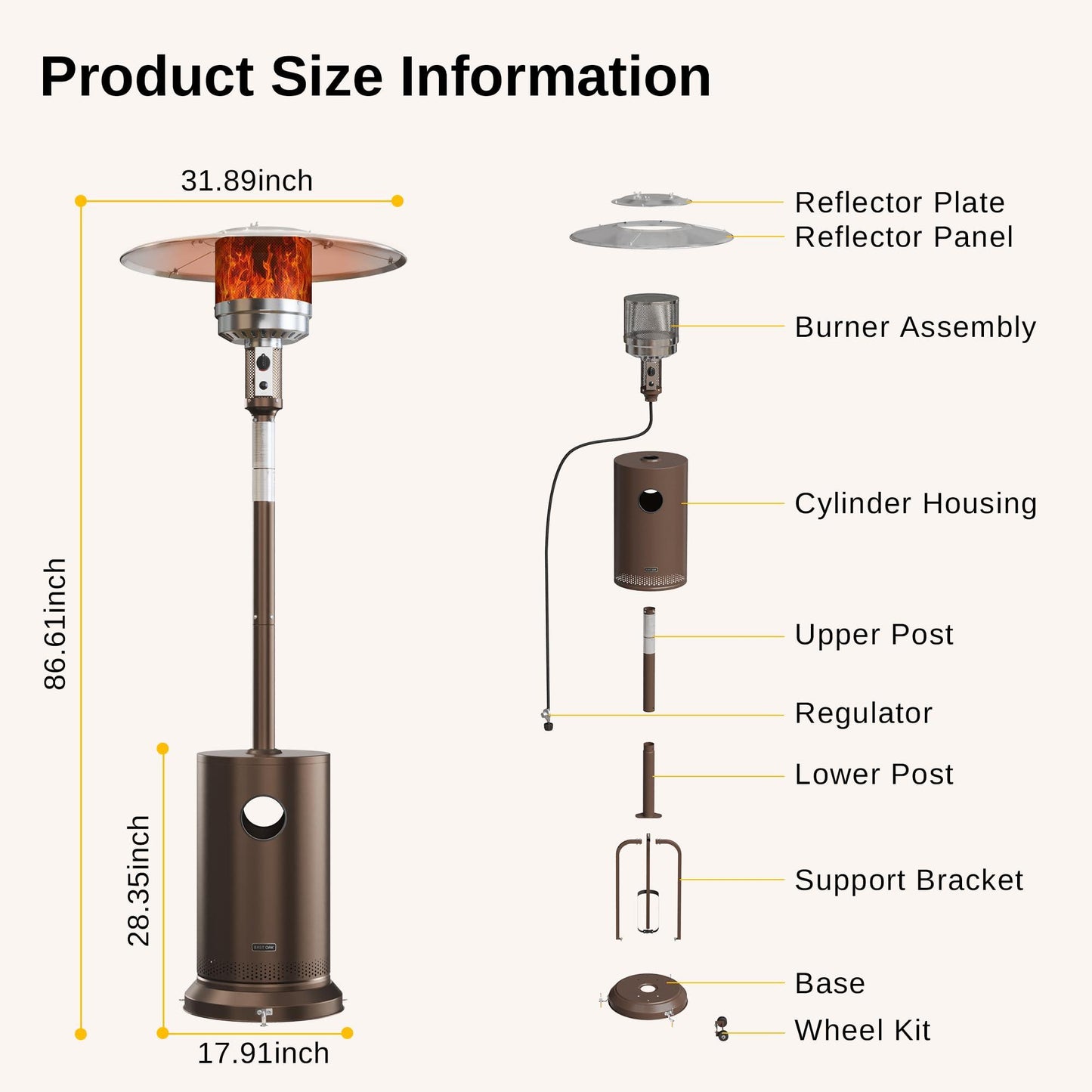 EAST OAK 48,000 BTU Patio Heater for Outdoor Use With Round Table Design, Double-Layer Stainless Steel Burner and Wheels, Outdoor Patio Heater for Home and Commercial, Bronze, 31.9" x 31.9" x 86.6" - CookCave