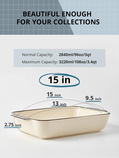 LIFVER 9x13 Baking Dish, Embossed Rectangular Lasagna Pan with Handle, 3.4qt Ceramic Casserole Dish for Oven, Oven Safe and Durable Bakeware, Christmas Decor, Beige - CookCave