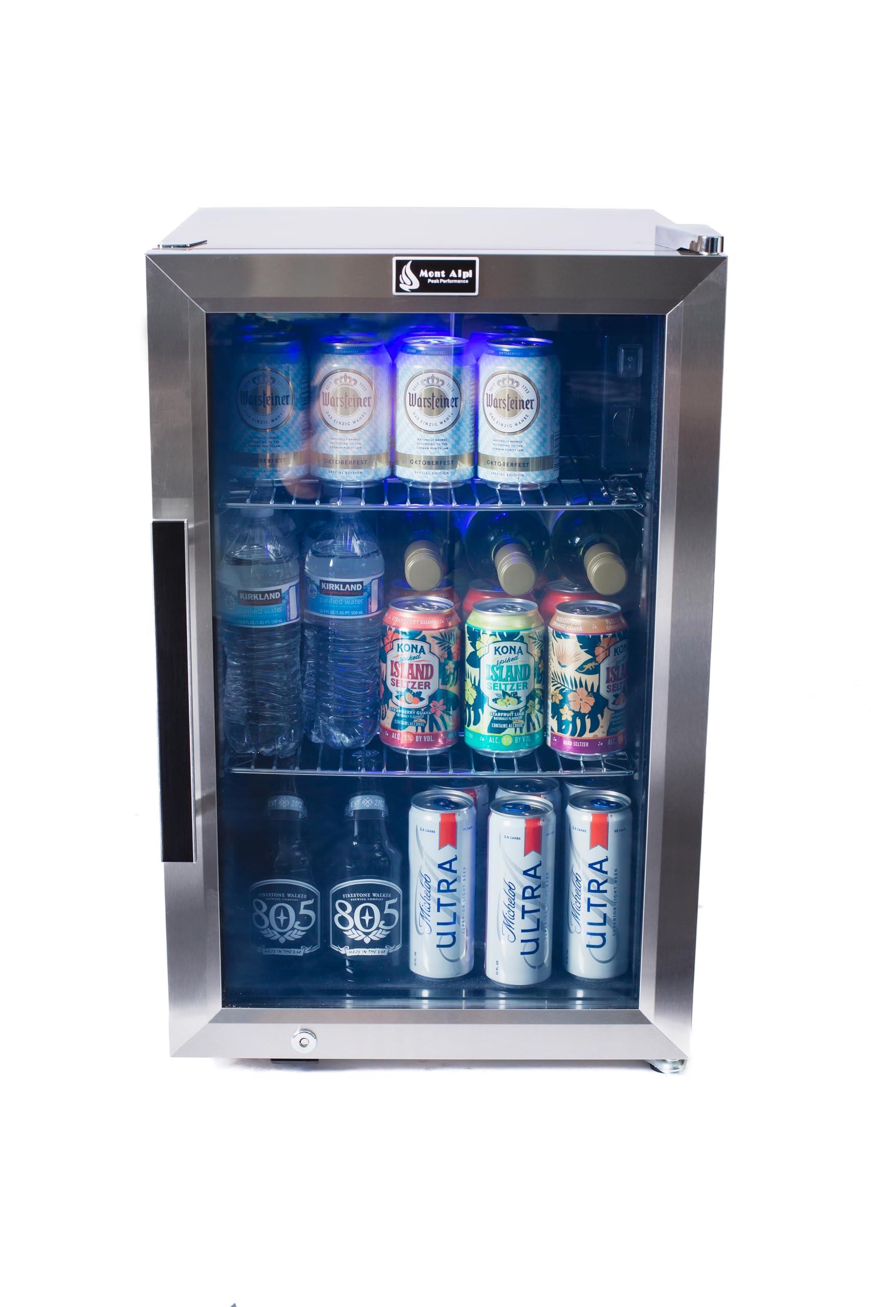 Mont Alpi MAF 2.7 Cubic Ft Outdoor Rated Glass Door Compact Temperature Adjustable Lockable Refrigerator Beverage & Wine Cooler Module w/ 3 Adjustable Racks + Blue LED Lighting - CookCave