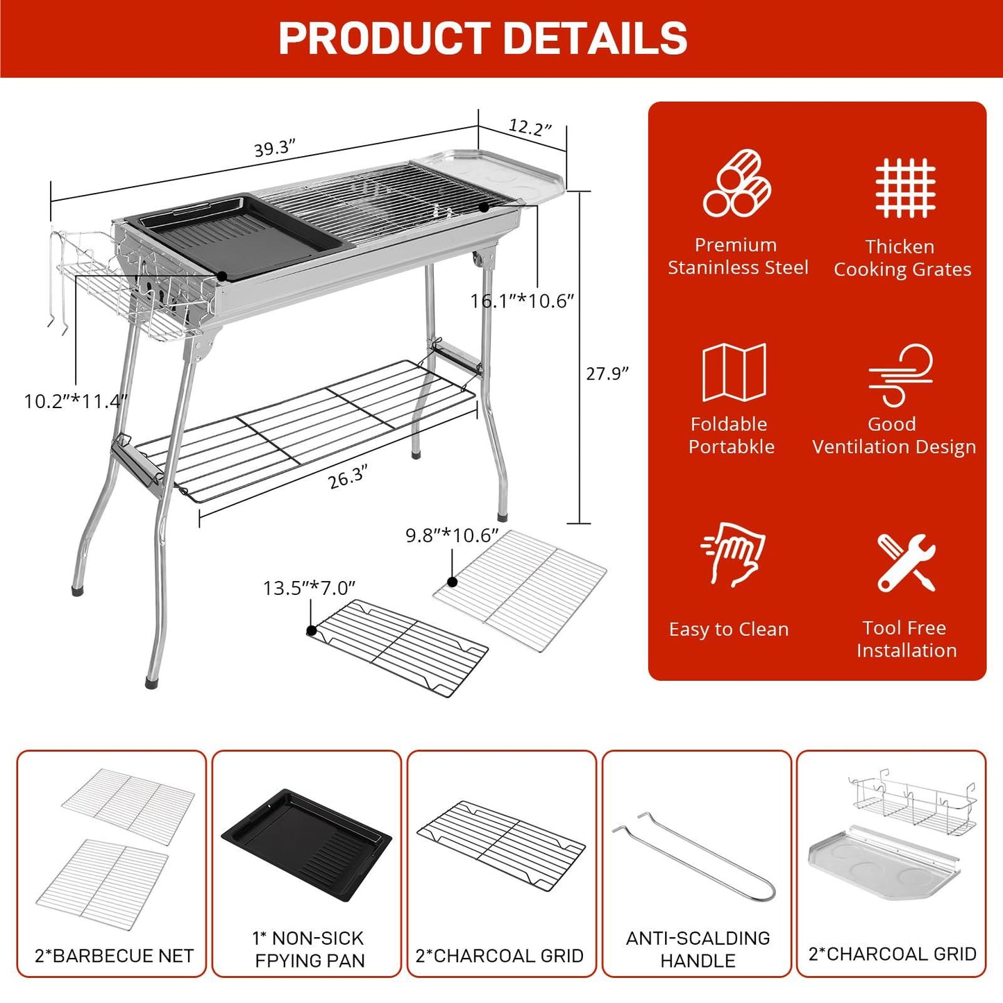 Outvita Portable Charcoal Grill, 39 x 12x 28" Foldable Barbecue Grill, Stainless Steel BBQ Grill for Outdoor Cooking Camping Hiking Picnic Garden Beach Party(Large) - CookCave