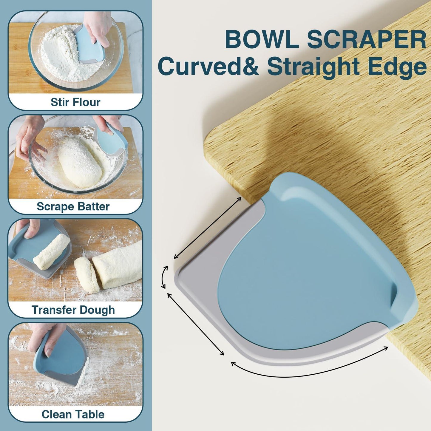 Bench Scraper Dough Cutter Tool - Bowl Pastry Scraper for Bread Cake Pizza, Bench Knife Kitchen Dough Scraper for Baking, Stainless Steel Food Scraper with Grip Handles & Measuring Scale, Blue - CookCave