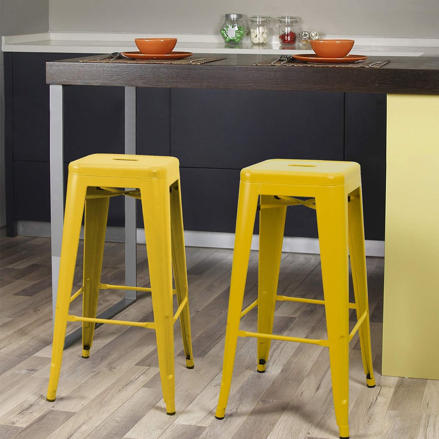 Furniwell 30 Inches Metal Bar Stools High Backless Tolix Indoor-Outdoor Stackable Barstool with Square Counter Seat Set of 4 (Yellow) - CookCave