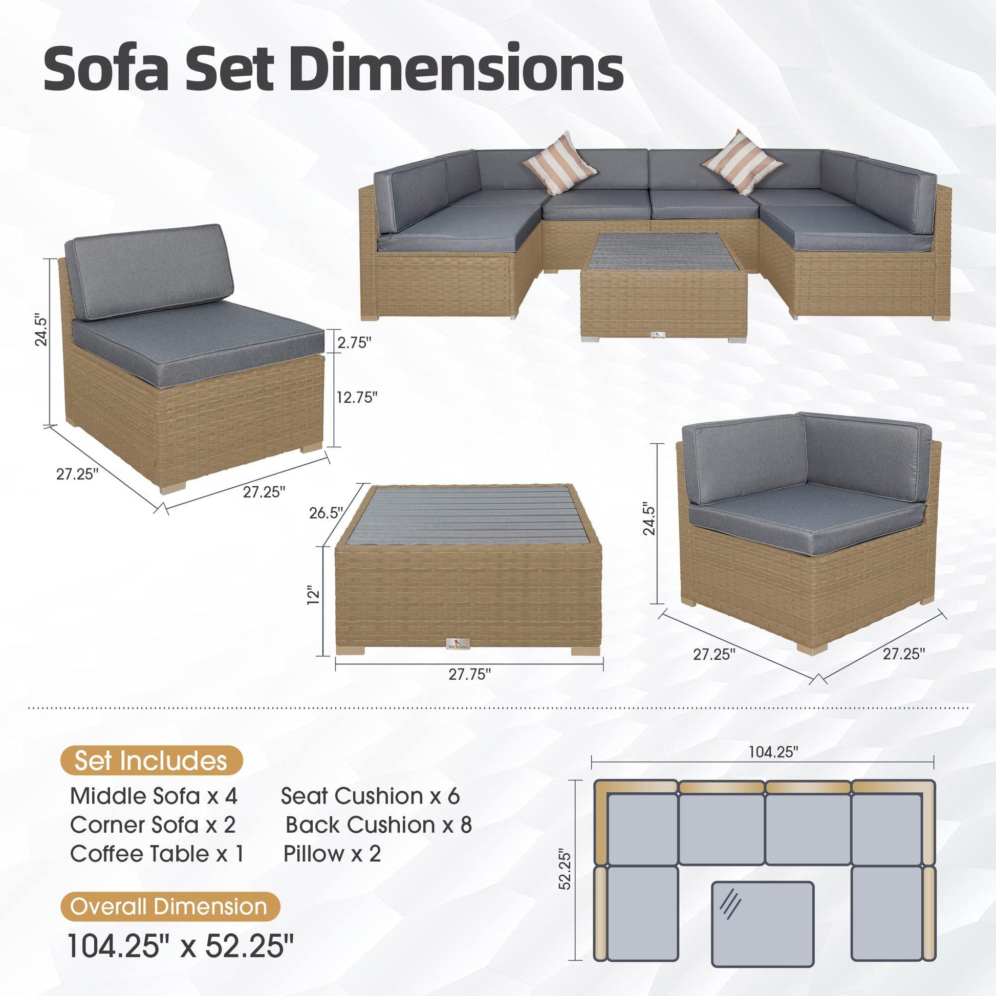 7 Piece Outdoor Patio Furniture Sets with Cushions, Outdoor PE Rattan Wicker Sectional Conversation Patio Couch Sofa Set with Coffee Table, for Garden, Deck, Poolside, Gray - CookCave